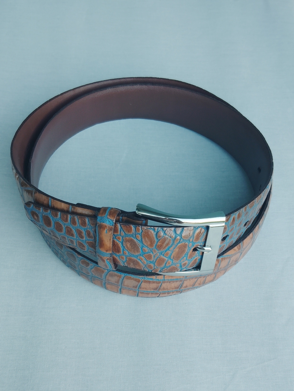 Bi-Color Crocodile Embossed Calfskin Belt in Tan and Blue by Torino Leather